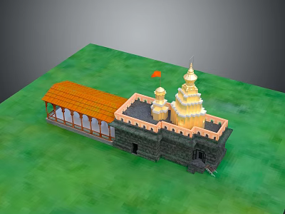 Traditional Hindu Temple With Orange Roof Gray Walls Golden Towers And Green Ground 3d model