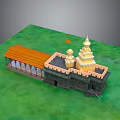 Traditional Hindu Temple With Orange Roof Gray Walls Golden Towers And Green Ground