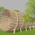 Wooden Circular Pergola With Bench Seating Amidst Green Trees And Lawn