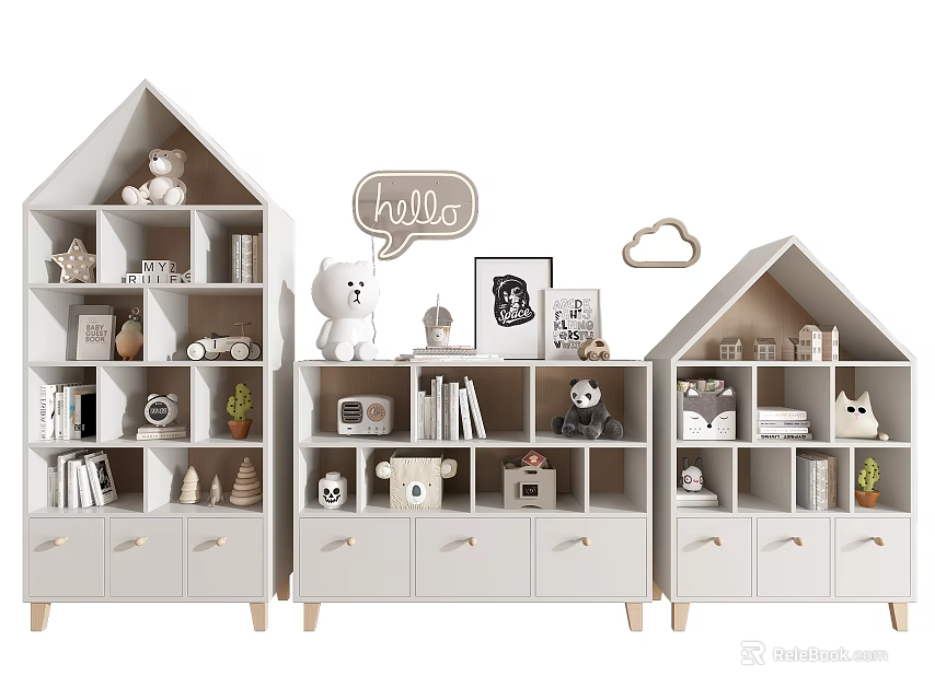 Adorable House Shaped White Decorative Cabinet With Toys Books Photos Hello And Cloud Decor 3d model 