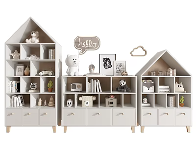 Adorable House Shaped White Decorative Cabinet With Toys Books Photos Hello And Cloud Decor 3d model