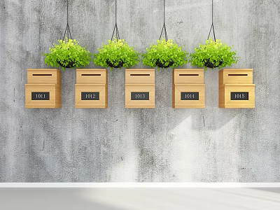 Public Facility Wooden Mailboxes Mounted on Gray Wall With Hanging Green Plants 3d model