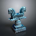 Blue Two Horse Sculpture With Intricate Carved Base And Decorative Details