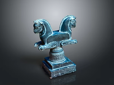 Blue Two Horse Sculpture With Intricate Carved Base And Decorative Details 3d model
