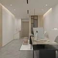 Minimalist Modern Office Interior With Wooden Elements Desk Pendant Light Stools And Tea Set
