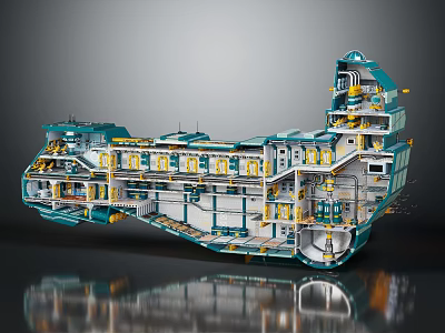 Detailed Intricate Vessel Interior Cross - Section With Multi - Level Layout Pipes And Rooms 3d model