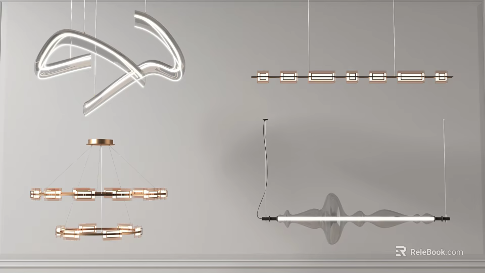 Modern Chandeliers With Curved And Linear Designs And Metal Frames For Interior Decor 3d model