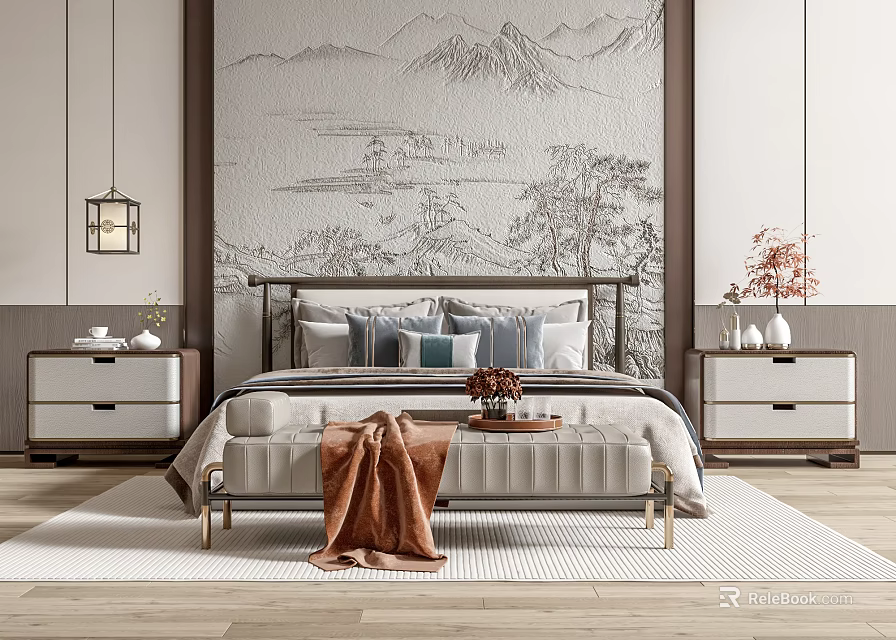 Double Bed Interior With Mountain Landscape Mural Bedside Tables And Footstool 3d model