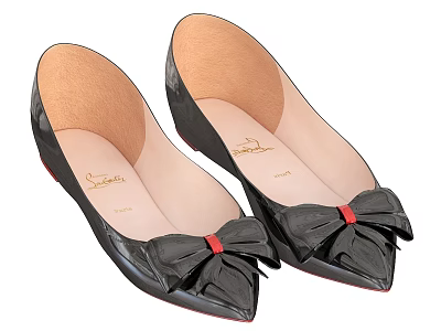 Stylish Women's Black Leather Pointed Toe Flats With Bow And Red Accent 3d model