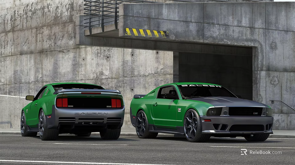 Green And Silver Sports Cars Featuring Muscle Design Parked By Concrete Tunnel 3d model 