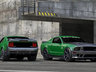 Green And Silver Sports Cars Featuring Muscle Design Parked By Concrete Tunnel 3d model