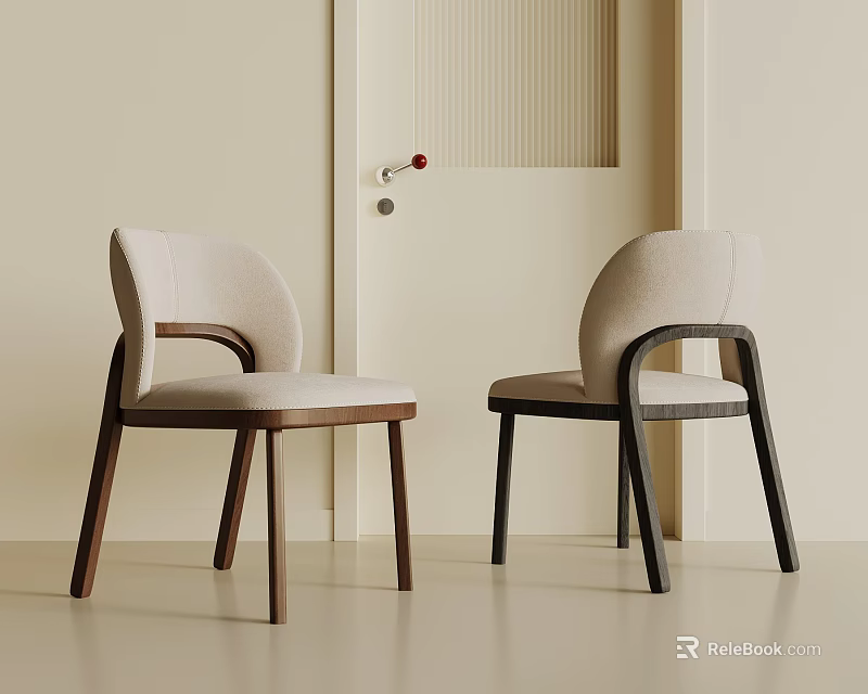 Modern Leisure Chairs With Curved Backrest Light Seat And Dark Wooden Legs In Minimalist Interior 3d model 