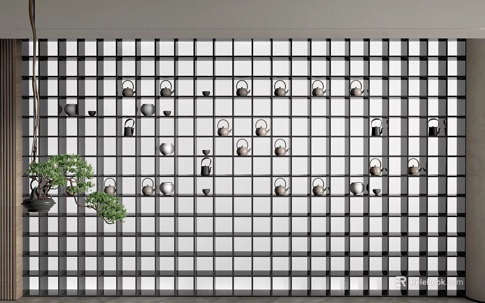 Entryway Cabinet and Side Cabinet Featuring Black White Grid Wall Circular Decorations and Green Plant 3d model 
