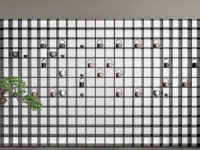 Entryway Cabinet and Side Cabinet Featuring Black White Grid Wall Circular Decorations and Green Plant 3d model