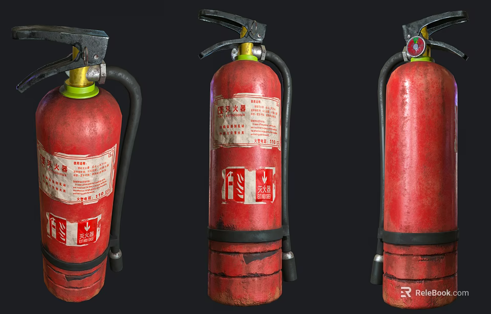 Three Red Portable Fire Extinguishers Featuring Safety Labels And Metal Handles 3d model 