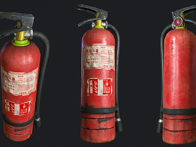 Three Red Portable Fire Extinguishers Featuring Safety Labels And Metal Handles 3d model