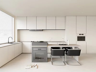 Bright Modern Minimalist Kitchen With White Cabinets Gray Island And Black Chairs 3d model