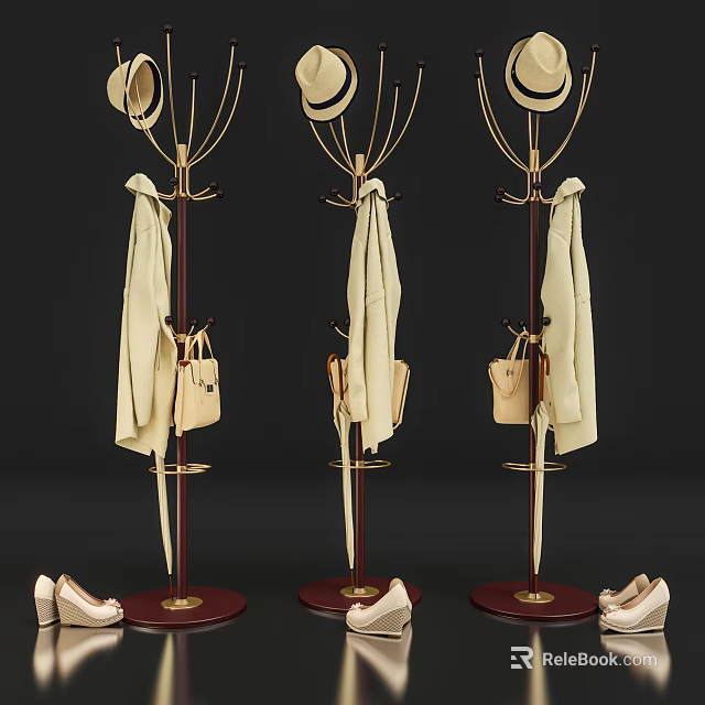 Freestanding Clothes Hangers With Golden Frame Red Base Hanging Coats Hats Bags And Shoes 3d model 
