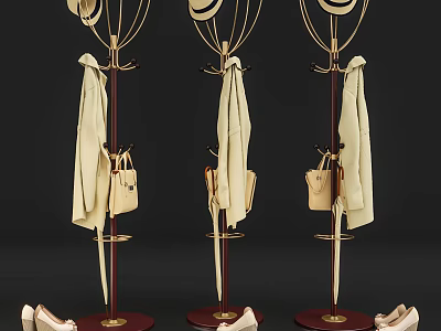 Freestanding Clothes Hangers With Golden Frame Red Base Hanging Coats Hats Bags And Shoes 3d model