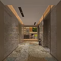Modern Hotel Corridor Interior With Wooden Elevators Geometric Carpet And Recessed Lighting