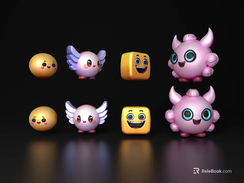 Cute Decorative Ornament Set Featuring Cartoon Characters With Colorful Shapes And Smiles 3d model 