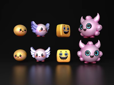 Cute Decorative Ornament Set Featuring Cartoon Characters With Colorful Shapes And Smiles 3d model