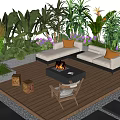 Courtyard Garden with Wooden Deck Sofa Set Orange Cushions Fire Pit Table and Lush Greenery