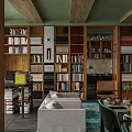 Living Room Interior With Green Walls Wooden Beam Ceiling Bookshelves Brown Gray Sofa