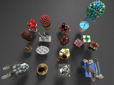 Festive Decorative Ornament Set With Colorful Balloon Bouquet Gift Boxes Pine Cones And Candle Holders 3d model