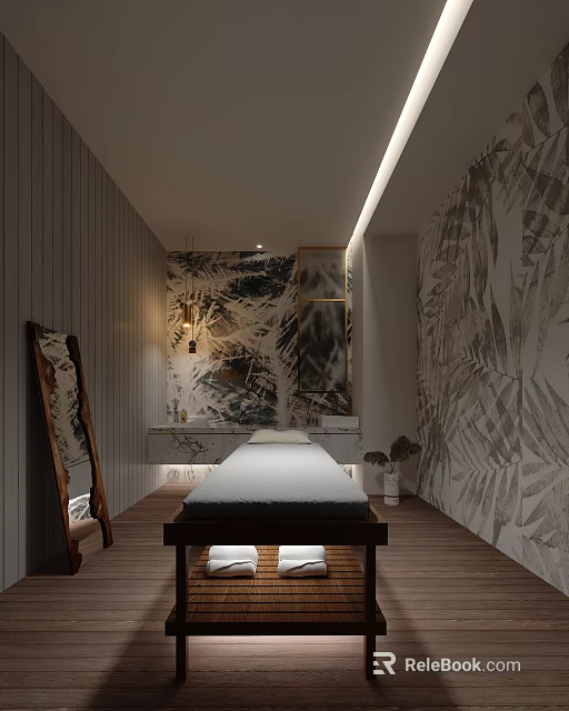 Spa Sauna Interior Design With Leaf Pattern Walls Wooden Elements And Massage Bed Lighting 3d model 