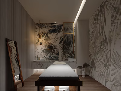 Spa Sauna Interior Design With Leaf Pattern Walls Wooden Elements And Massage Bed Lighting 3d model