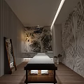 Spa Sauna Interior Design With Leaf Pattern Walls Wooden Elements And Massage Bed Lighting