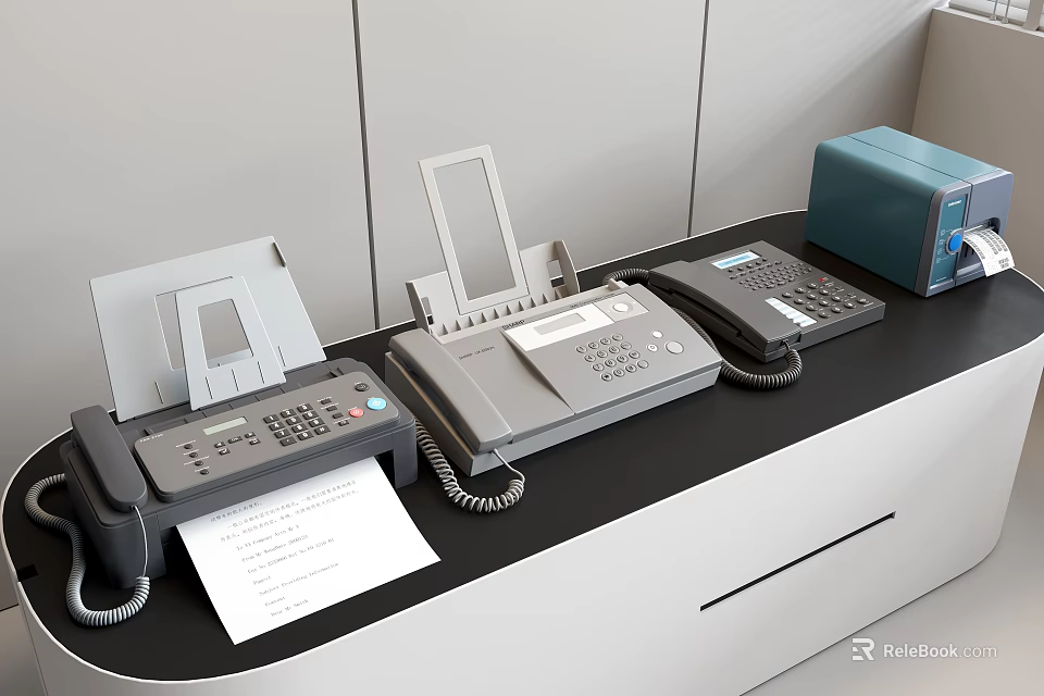 Efficient Office Appliances Including Telephone Fax Machine And Printer On Office Desk 3d model 