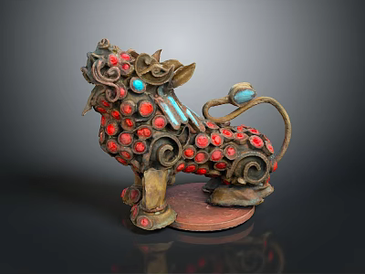 Traditional Lion Sculpture With Red Gemstones Turquoise Details Curled Mane And Ornate Tail 3d model
