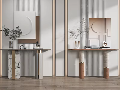 Modern Console Table with Marble Top Metal Frame and Decorative Mirror on Striped Wall 3d model