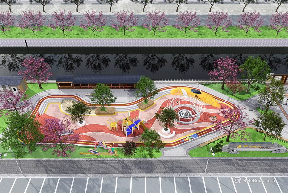 Children's Playground With Colorful Ground Design Circular Play Structures And Pink Cherry Blossom Trees 3d model 