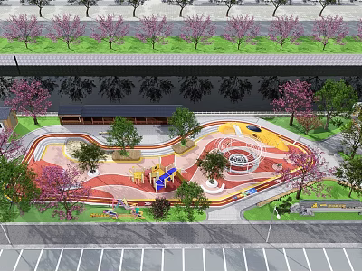 Children's Playground With Colorful Ground Design Circular Play Structures And Pink Cherry Blossom Trees 3d model