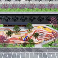 Children's Playground With Colorful Ground Design Circular Play Structures And Pink Cherry Blossom Trees