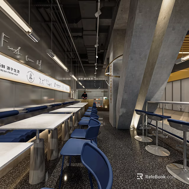 Modern Restaurant Interior With Stainless Steel Walls Long Tables Blue Chairs And Hanging Lights 3d model 