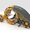 Futuristic Yellow And Black Motorcycle 3D Model With Unique Wheel Structure And Mechanical Details