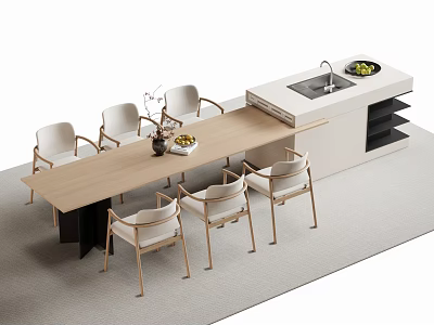 Modern Bar Counter Interior Design With Wooden Top And Surrounding Dining Chairs 3d model