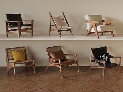Various Style Wooden Frame Chairs With Different Materials On Shelves And Wooden Floor 3d model