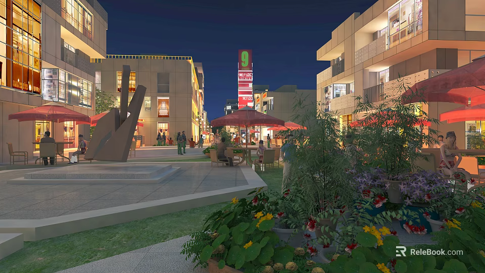 Vibrant Commercial Street At Night Featuring Illuminated Buildings Square Sculpture Outdoor Umbrellas Plants And Pedestrians 3d model 