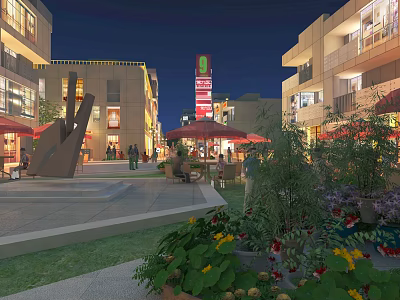 Vibrant Commercial Street At Night Featuring Illuminated Buildings Square Sculpture Outdoor Umbrellas Plants And Pedestrians 3d model
