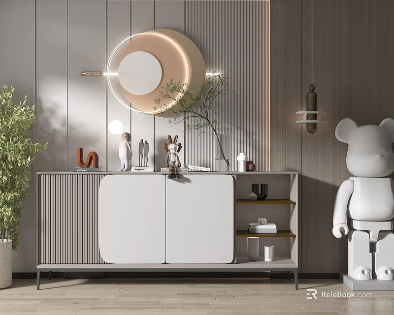 Modern Entryway Console Cabinet With Round Mirror Green Plant And Storage Shelves 3d model 