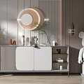 Modern Entryway Console Cabinet With Round Mirror Green Plant And Storage Shelves