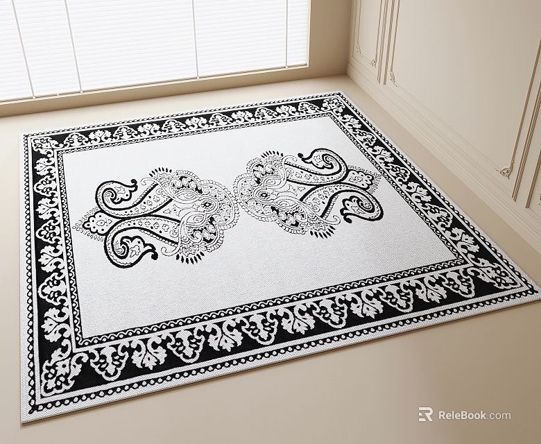 Traditional Square Area Rug With Black And White Intricate Patterns And Ornate Border 3d model 