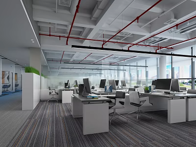 Bright Public Office Space Featuring Open Workstations Computers Red Ceiling Pipes And Large Windows 3d model