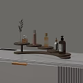 Wooden Multi Tiered Shelf with Toiletry Bottles Small Plant on White Countertop