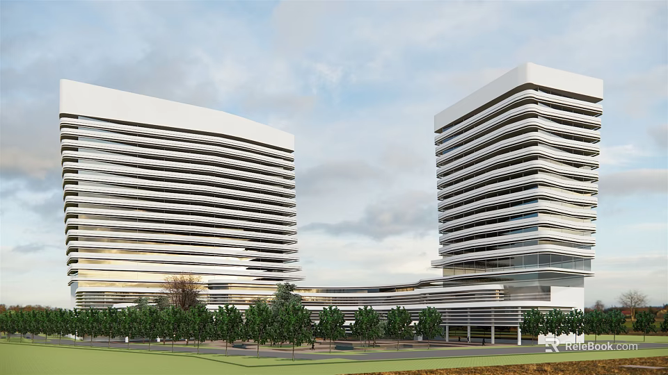 Modern High Rise Office Building With Glass Windows Landscaping And Surrounding Trees 3d model 